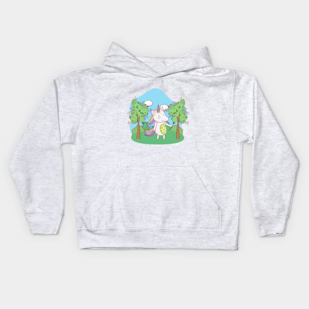 Cute Little Unicorn Standing In A Field Kids Hoodie by Vegan Squad